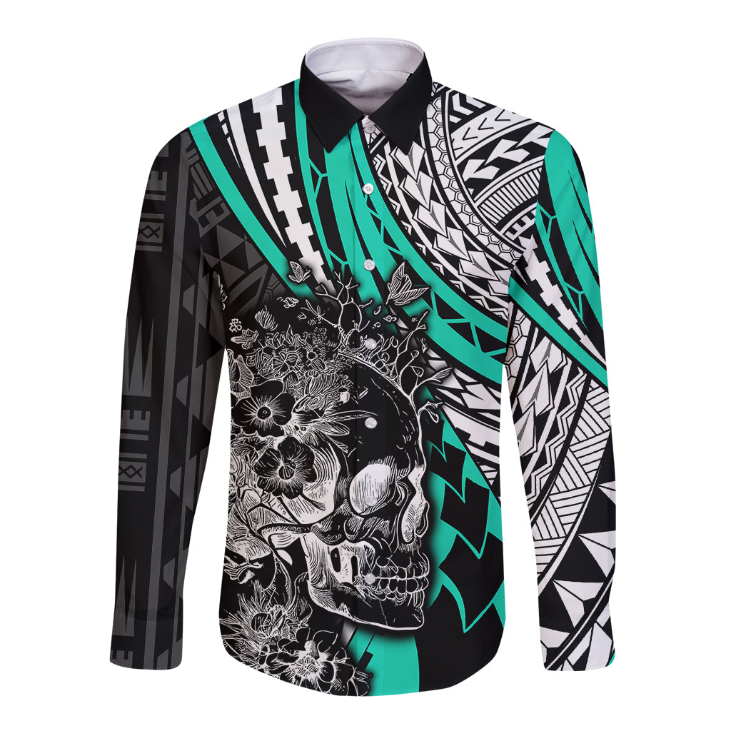 Personalised Polynesia Skull Long Sleeve Button Shirt Tattoo In The Style Of Maori With Marine Life Aqua - Wonder Print Shop