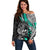 Personalised Polynesia Skull Off Shoulder Sweater Tattoo In The Style Of Maori With Marine Life Aqua - Wonder Print Shop