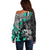 Personalised Polynesia Skull Off Shoulder Sweater Tattoo In The Style Of Maori With Marine Life Aqua - Wonder Print Shop