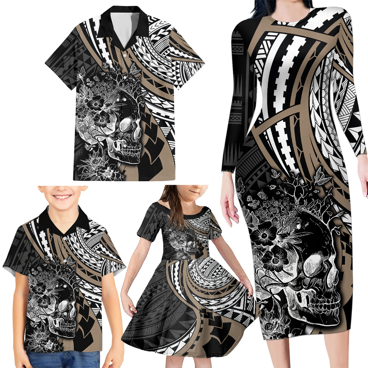 Personalised Polynesia Skull Family Matching Long Sleeve Bodycon Dress and Hawaiian Shirt Tattoo In The Style Of Maori With Marine Life Gold LT9 - Wonder Print Shop