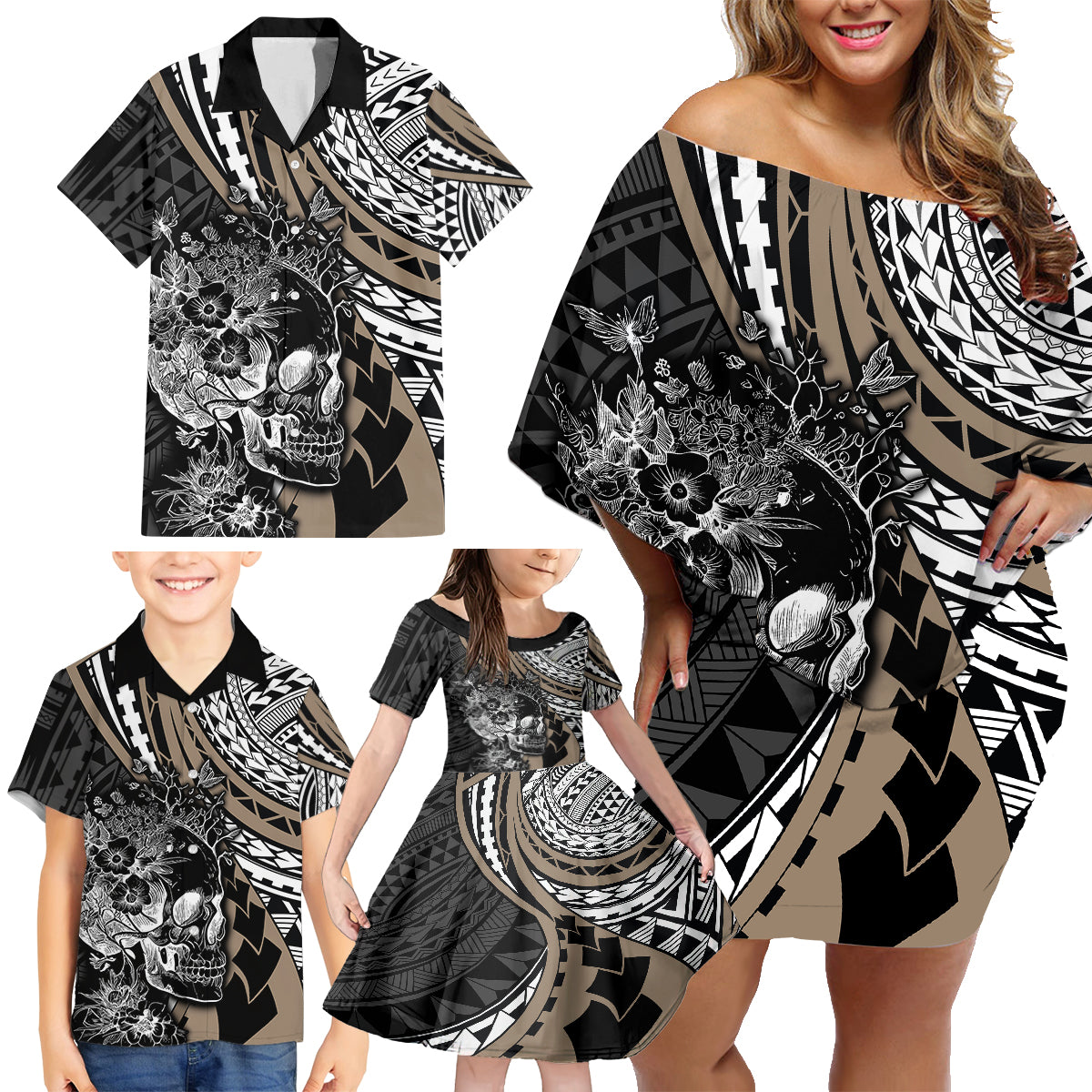 Personalised Polynesia Skull Family Matching Off Shoulder Short Dress and Hawaiian Shirt Tattoo In The Style Of Maori With Marine Life Gold LT9 - Wonder Print Shop