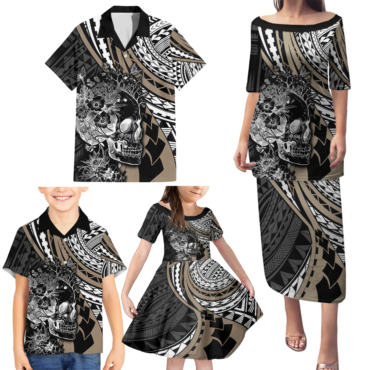 Personalised Polynesia Skull Family Matching Puletasi Dress and Hawaiian Shirt Tattoo In The Style Of Maori With Marine Life Gold - Wonder Print Shop