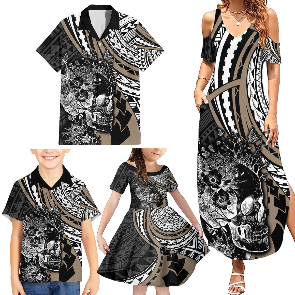 Personalised Polynesia Skull Family Matching Summer Maxi Dress and Hawaiian Shirt Tattoo In The Style Of Maori With Marine Life Gold - Wonder Print Shop