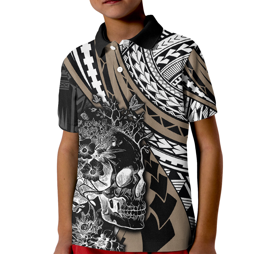 Personalised Polynesia Skull Kid Polo Shirt Tattoo In The Style Of Maori With Marine Life Gold - Wonder Print Shop