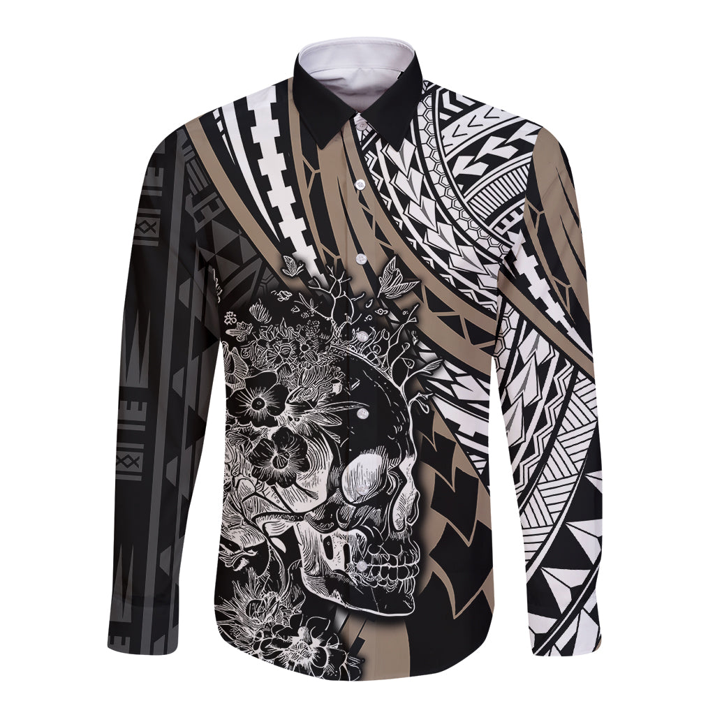 Personalised Polynesia Skull Long Sleeve Button Shirt Tattoo In The Style Of Maori With Marine Life Gold - Wonder Print Shop