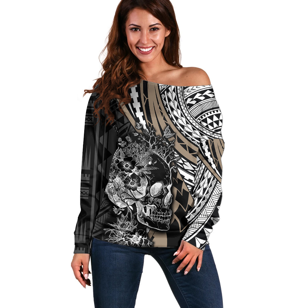 Personalised Polynesia Skull Off Shoulder Sweater Tattoo In The Style Of Maori With Marine Life Gold - Wonder Print Shop