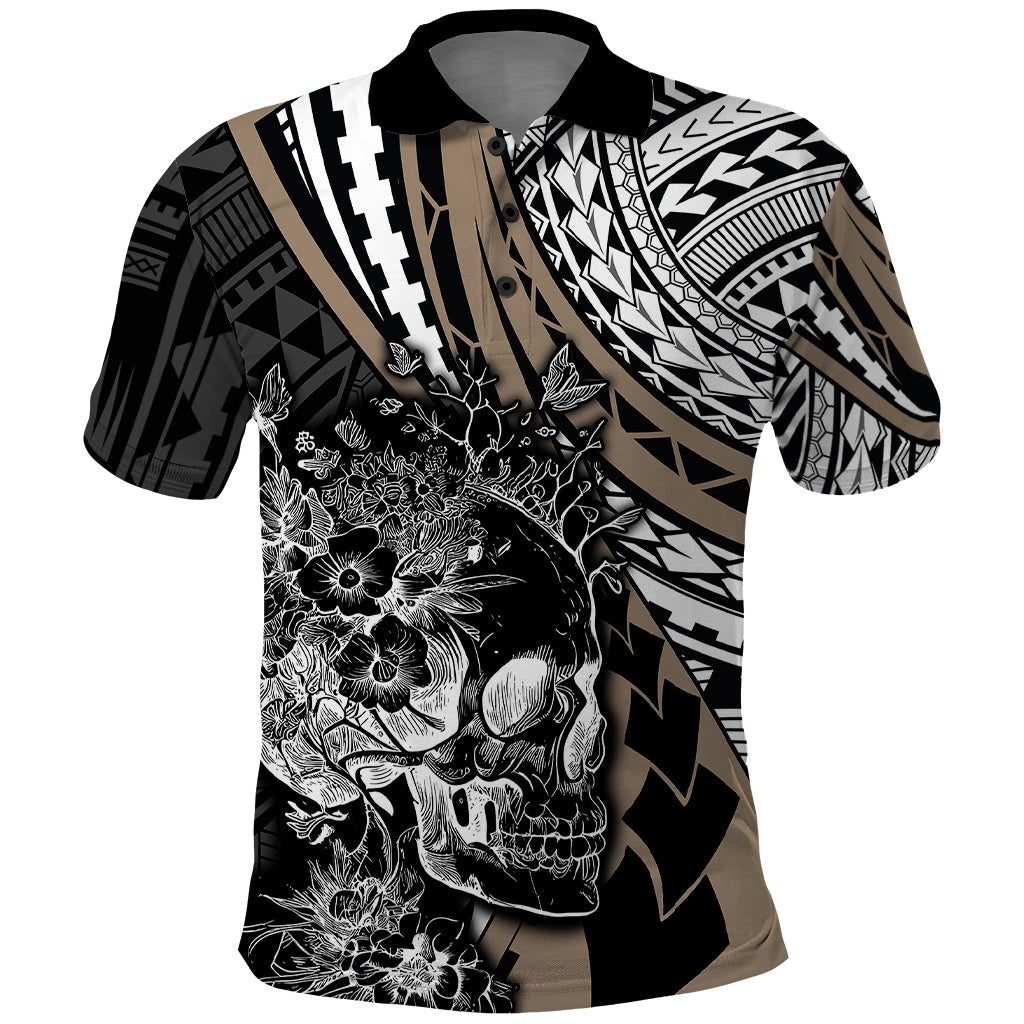 Personalised Polynesia Skull Polo Shirt Tattoo In The Style Of Maori With Marine Life Gold - Wonder Print Shop