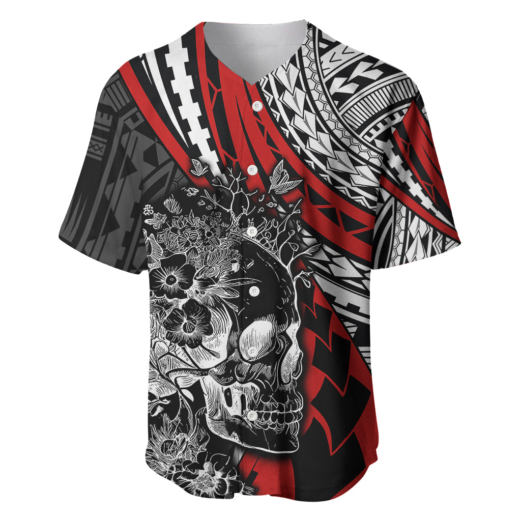 Personalised Polynesia Skull Baseball Jersey Tattoo In The Style Of Maori With Marine Life Red LT9 - Wonder Print Shop