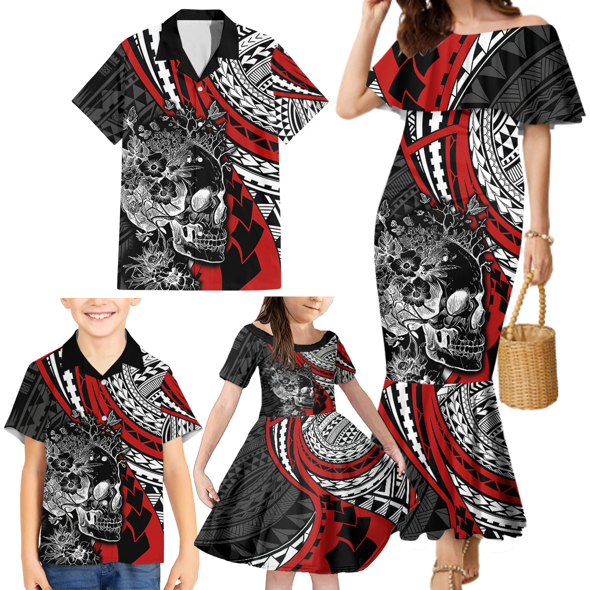 Personalised Polynesia Skull Family Matching Mermaid Dress and Hawaiian Shirt Tattoo In The Style Of Maori With Marine Life Red LT9 - Wonder Print Shop