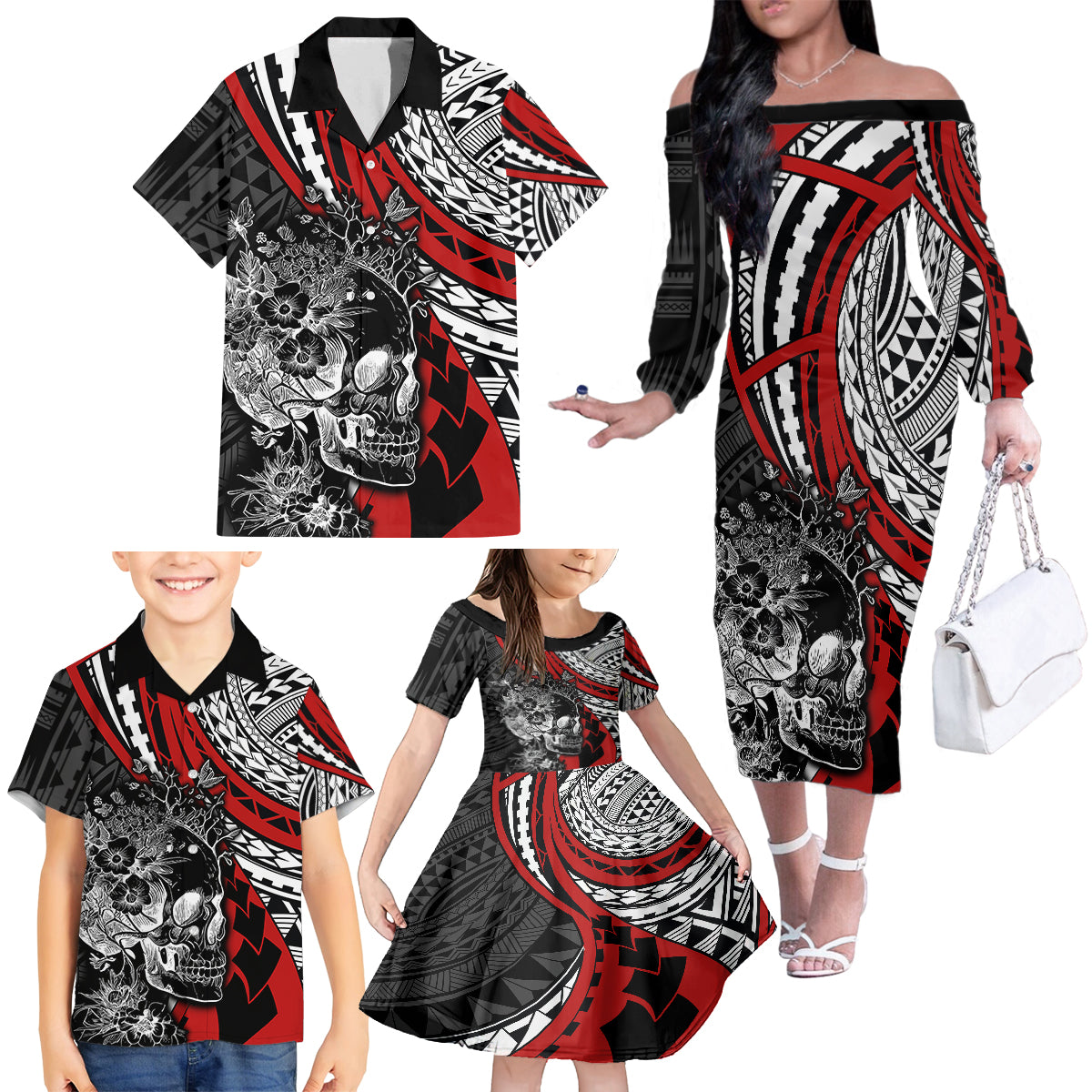 Personalised Polynesia Skull Family Matching Off Shoulder Long Sleeve Dress and Hawaiian Shirt Tattoo In The Style Of Maori With Marine Life Red - Wonder Print Shop