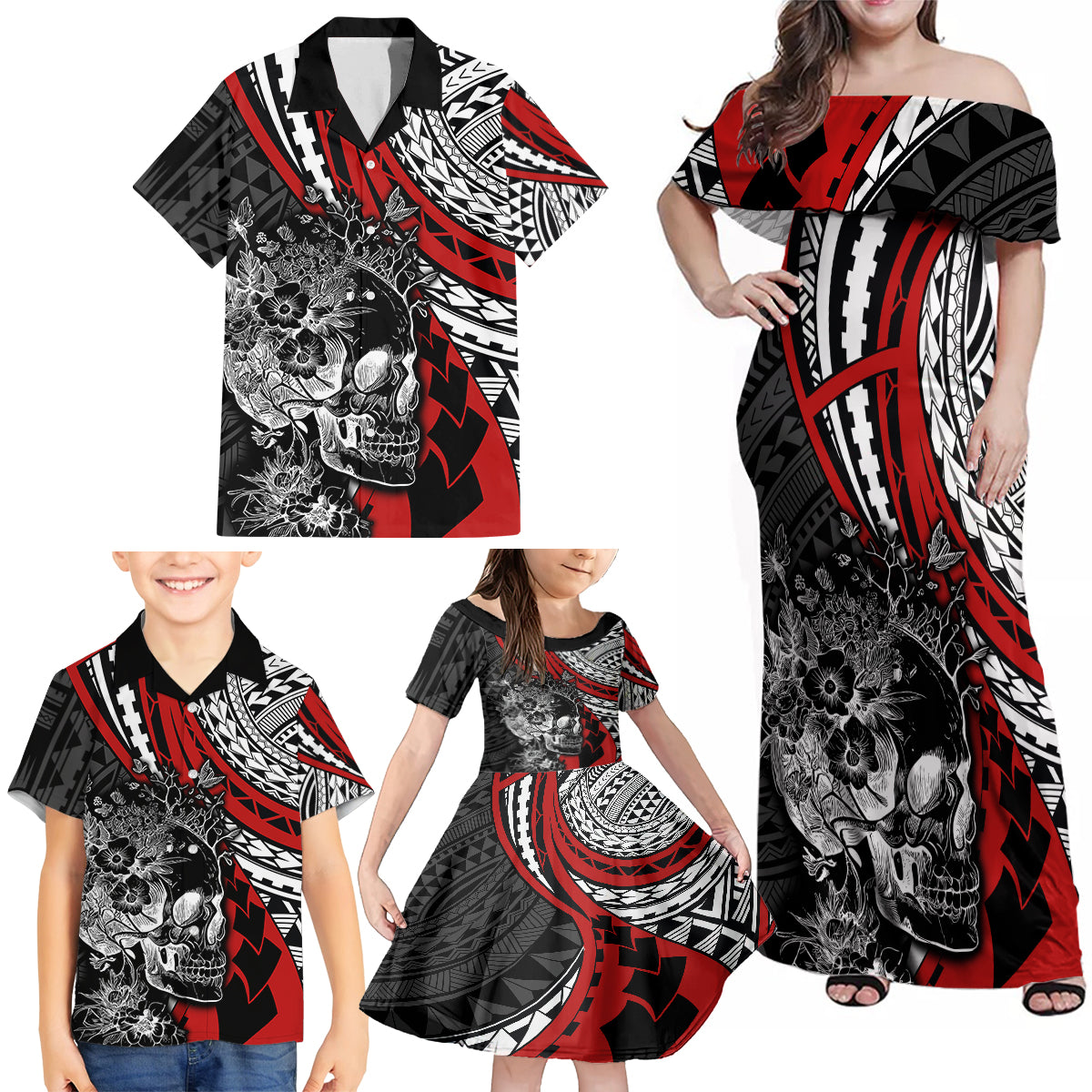 Personalised Polynesia Skull Family Matching Off Shoulder Maxi Dress and Hawaiian Shirt Tattoo In The Style Of Maori With Marine Life Red LT9 - Wonder Print Shop