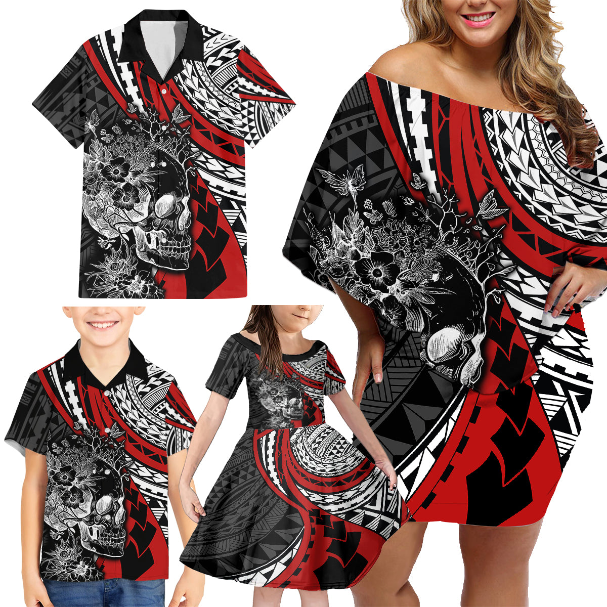 Personalised Polynesia Skull Family Matching Off Shoulder Short Dress and Hawaiian Shirt Tattoo In The Style Of Maori With Marine Life Red LT9 - Wonder Print Shop