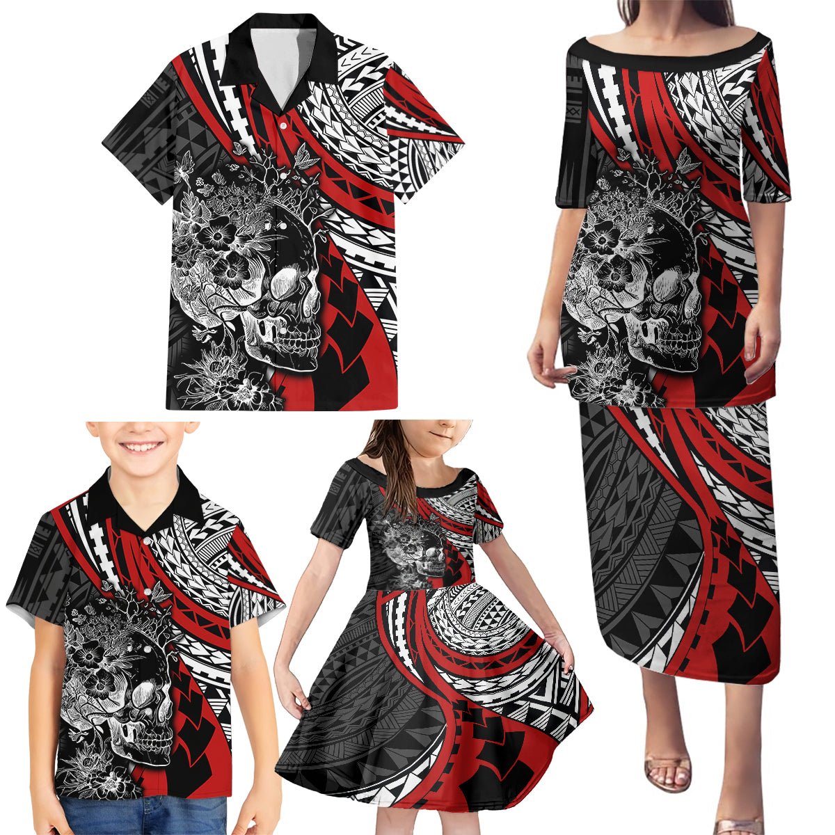 Personalised Polynesia Skull Family Matching Puletasi Dress and Hawaiian Shirt Tattoo In The Style Of Maori With Marine Life Red - Wonder Print Shop