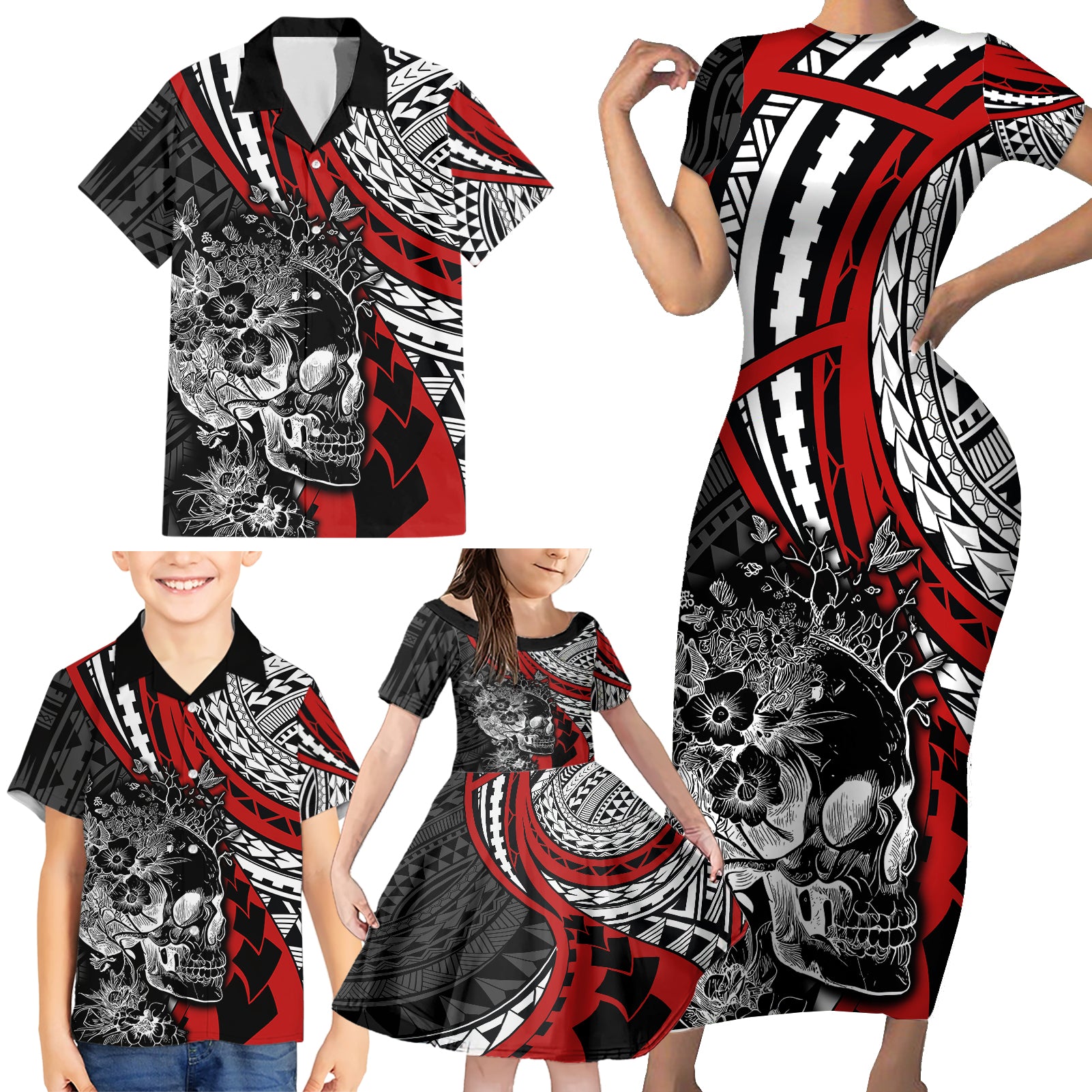 Personalised Polynesia Skull Family Matching Short Sleeve Bodycon Dress and Hawaiian Shirt Tattoo In The Style Of Maori With Marine Life Red - Wonder Print Shop