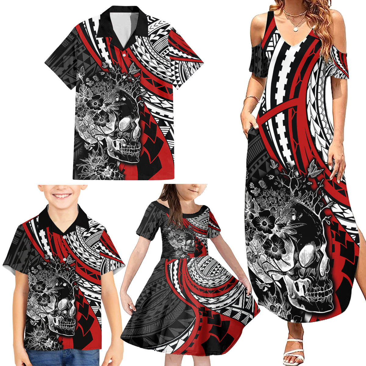 Personalised Polynesia Skull Family Matching Summer Maxi Dress and Hawaiian Shirt Tattoo In The Style Of Maori With Marine Life Red - Wonder Print Shop