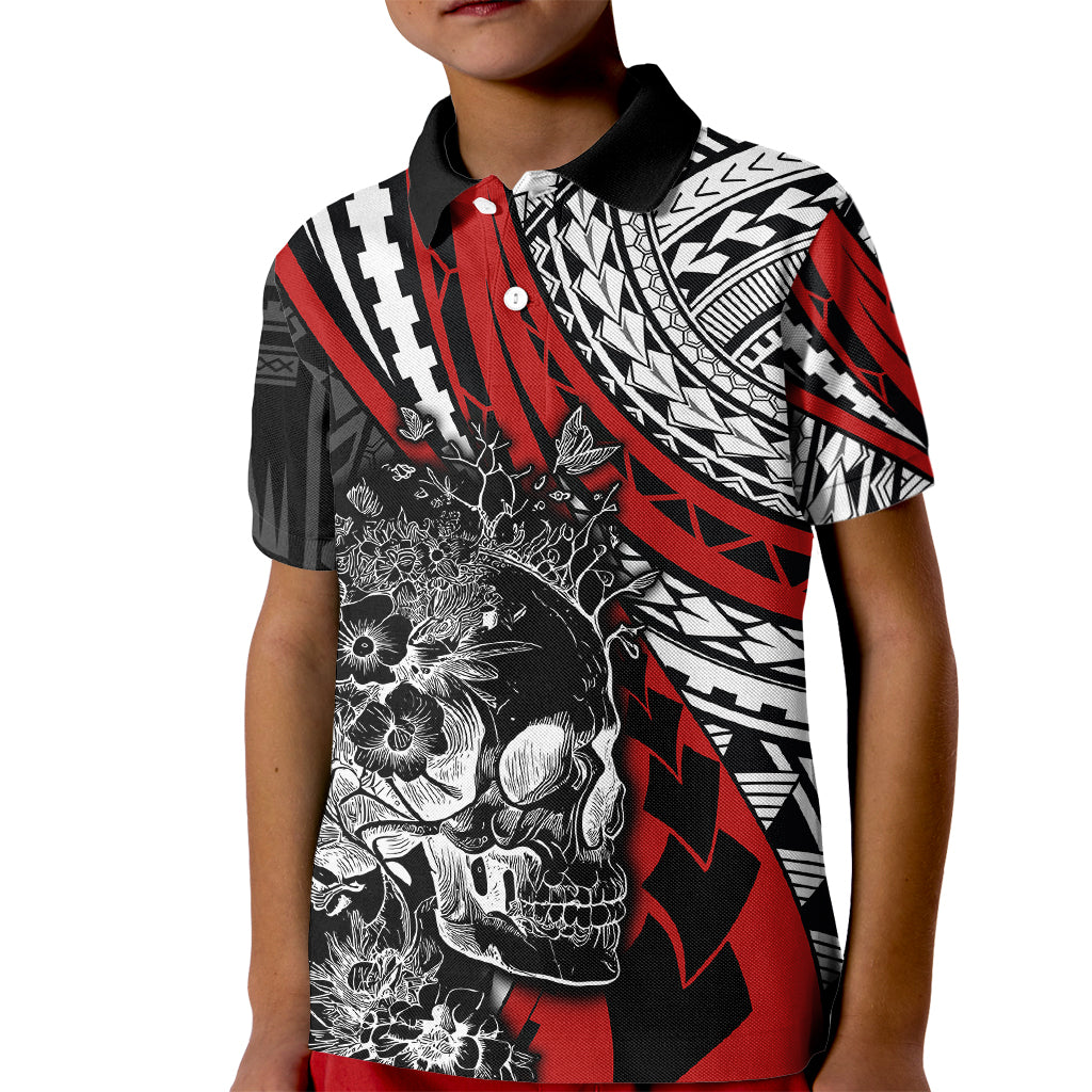 Personalised Polynesia Skull Kid Polo Shirt Tattoo In The Style Of Maori With Marine Life Red - Wonder Print Shop