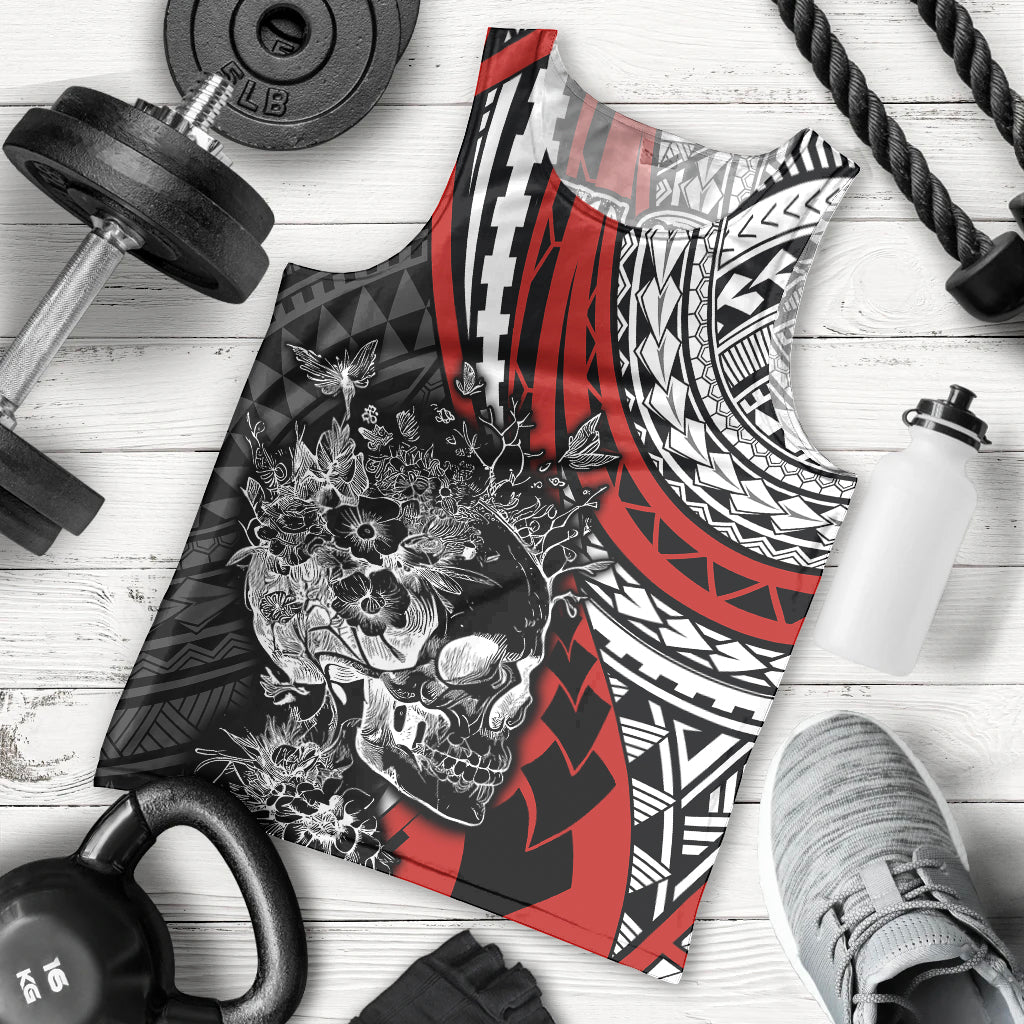 Personalised Polynesia Skull Men Tank Top Tattoo In The Style Of Maori With Marine Life Red - Wonder Print Shop