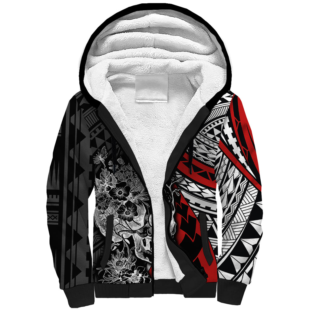 Personalised Polynesia Skull Sherpa Hoodie Tattoo In The Style Of Maori With Marine Life Red - Wonder Print Shop