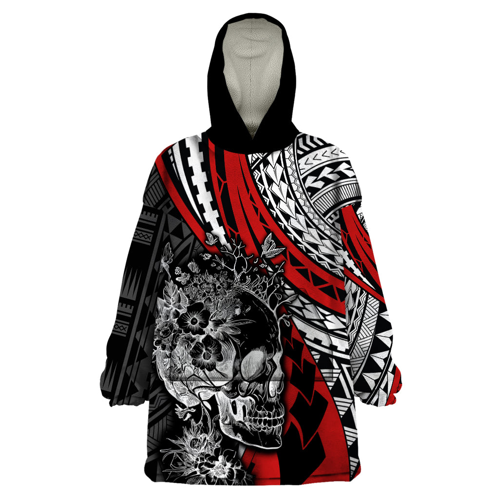 Personalised Polynesia Skull Wearable Blanket Hoodie Tattoo In The Style Of Maori With Marine Life Red - Wonder Print Shop