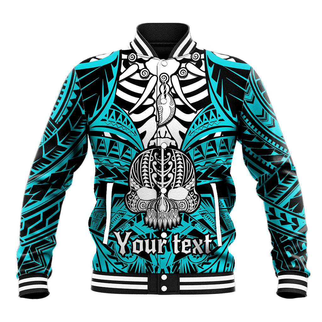 Aqua skull baseball jacket with ribbed collar, striped cuffs, boar tusk graphic