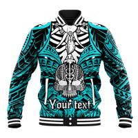 Aqua skull baseball jacket with ribbed collar, striped cuffs, boar tusk graphic