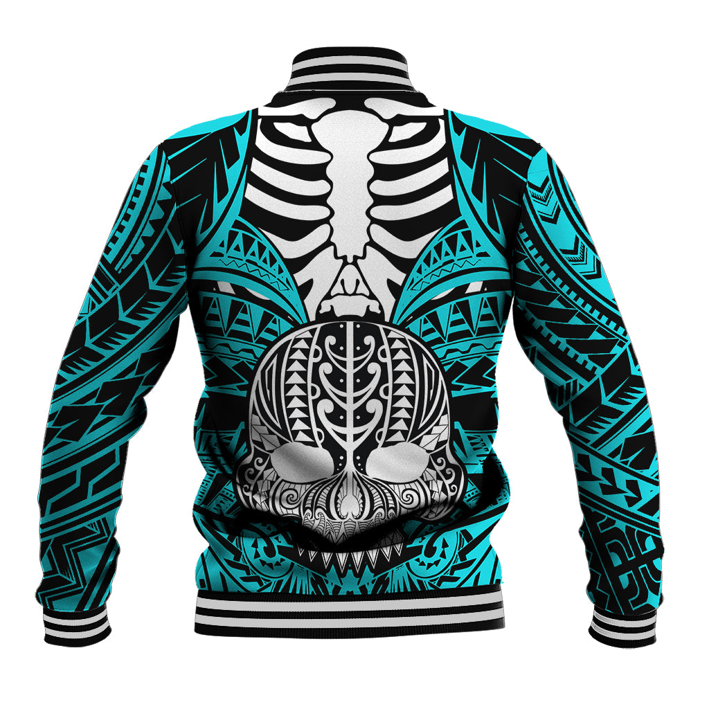 Aqua skull baseball jacket with back skeleton and boar tusk artwork, ribbed collar