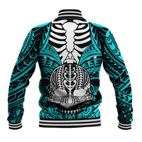 Aqua skull baseball jacket with back skeleton and boar tusk artwork, ribbed collar