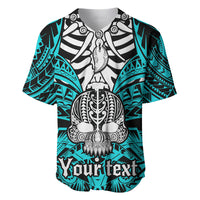 Aqua baseball jersey with large black-and-white skull emblem and tribal patterns.