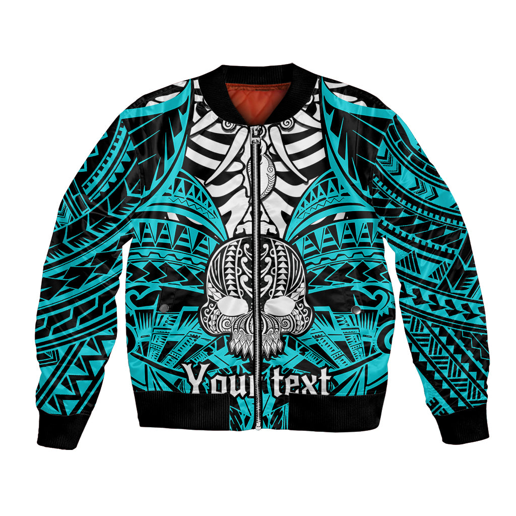 Aqua bomber jacket with black ribbed cuffs, front zipper, and boar tusk skull graphic