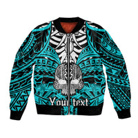 Aqua bomber jacket with black ribbed cuffs, front zipper, and boar tusk skull graphic