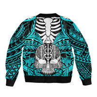 Aqua bomber jacket with black ribbed trim, zipper front, and skeleton ribs with boar tusk skull