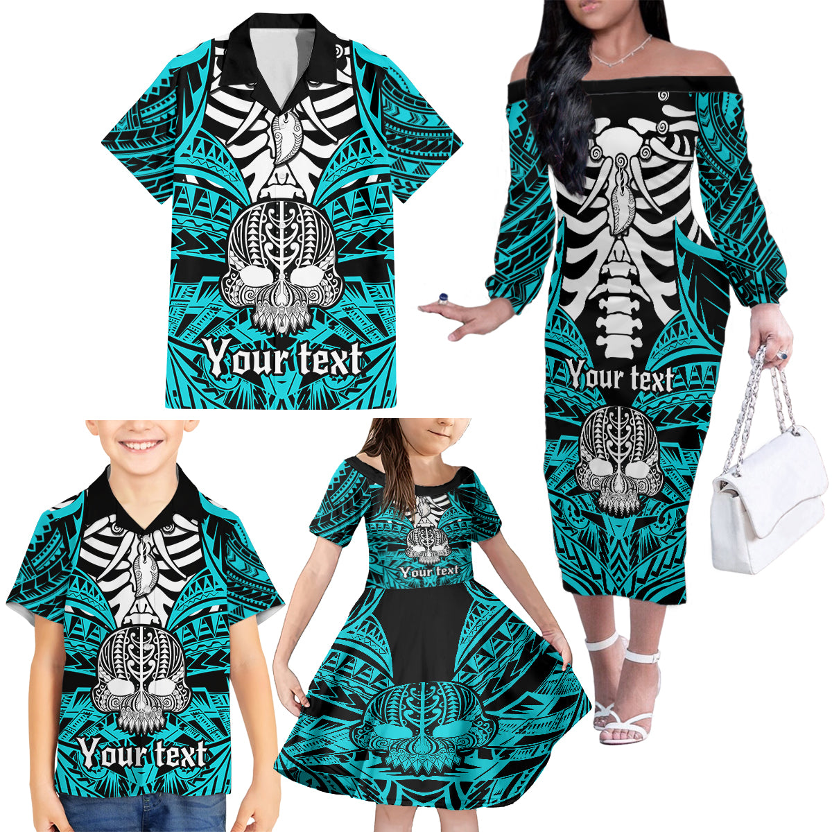 Personalised Polynesia Skull Family Matching Off Shoulder Long Sleeve Dress and Hawaiian Shirt With Boars Tusk Aqua Arty Vibe - Wonder Print Shop