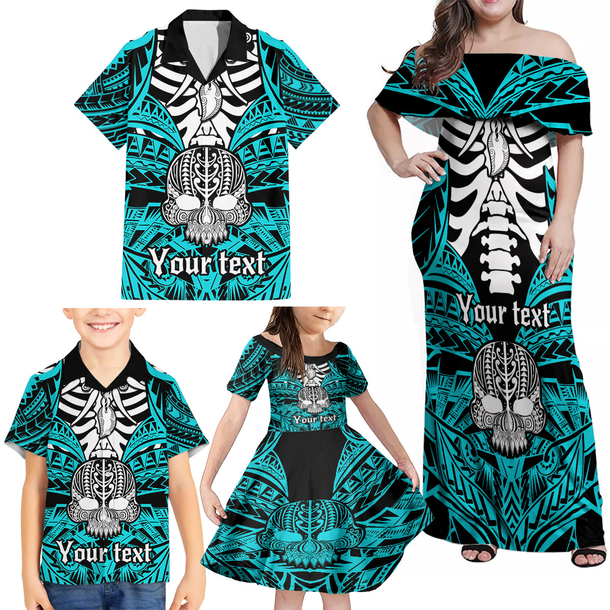 Personalised Polynesia Skull Family Matching Off Shoulder Maxi Dress and Hawaiian Shirt With Boars Tusk Aqua Arty Vibe LT9 - Wonder Print Shop