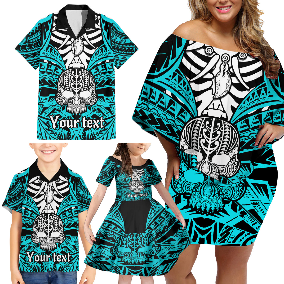 Personalised Polynesia Skull Family Matching Off Shoulder Short Dress and Hawaiian Shirt With Boars Tusk Aqua Arty Vibe LT9 - Wonder Print Shop