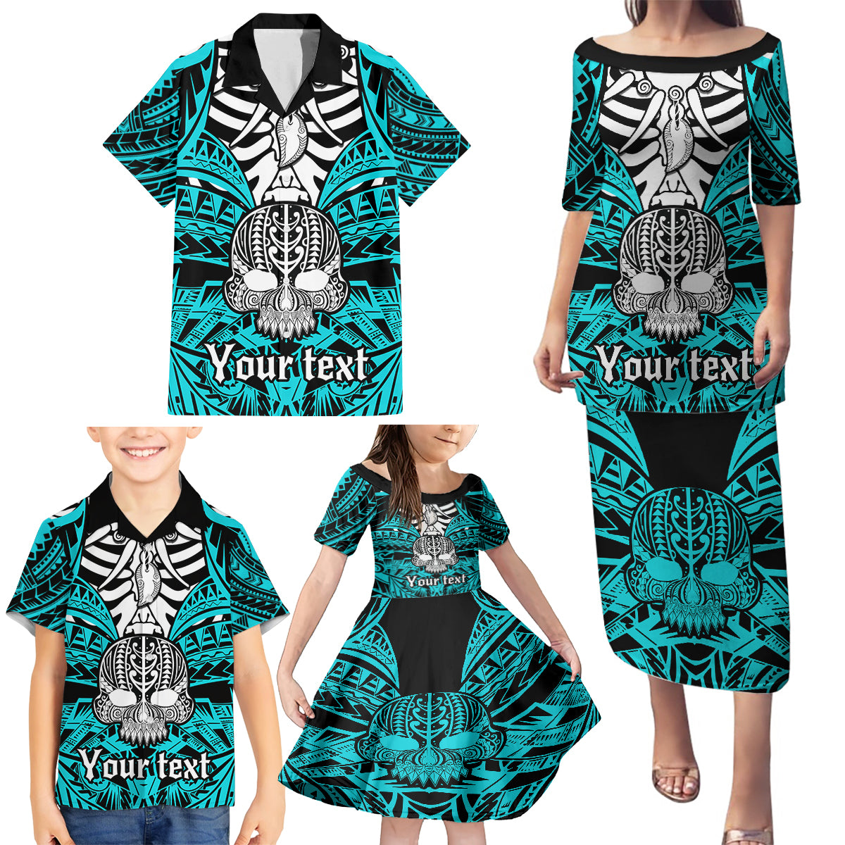 Personalised Polynesia Skull Family Matching Puletasi Dress and Hawaiian Shirt With Boars Tusk Aqua Arty Vibe - Wonder Print Shop