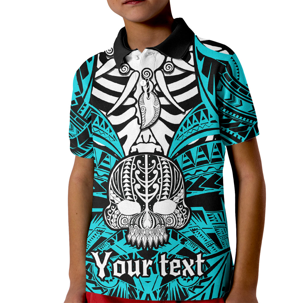 Personalised Polynesia Skull Kid Polo Shirt With Boars Tusk Aqua Arty Vibe - Wonder Print Shop