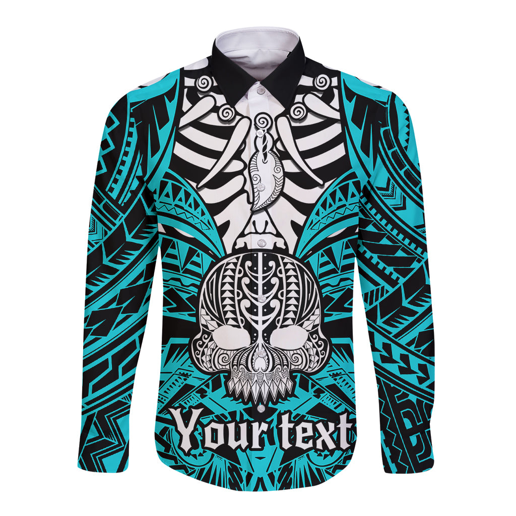 Aqua long-sleeve button shirt with boar skull and tribal artwork graphic on front