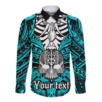 Aqua long-sleeve button shirt with boar skull and tribal artwork graphic on front
