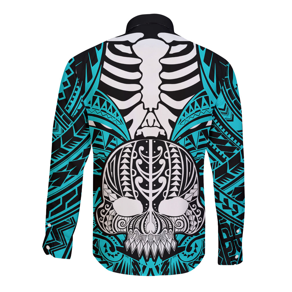 Back of aqua long-sleeve button shirt with large boar skull tribal artwork graphic