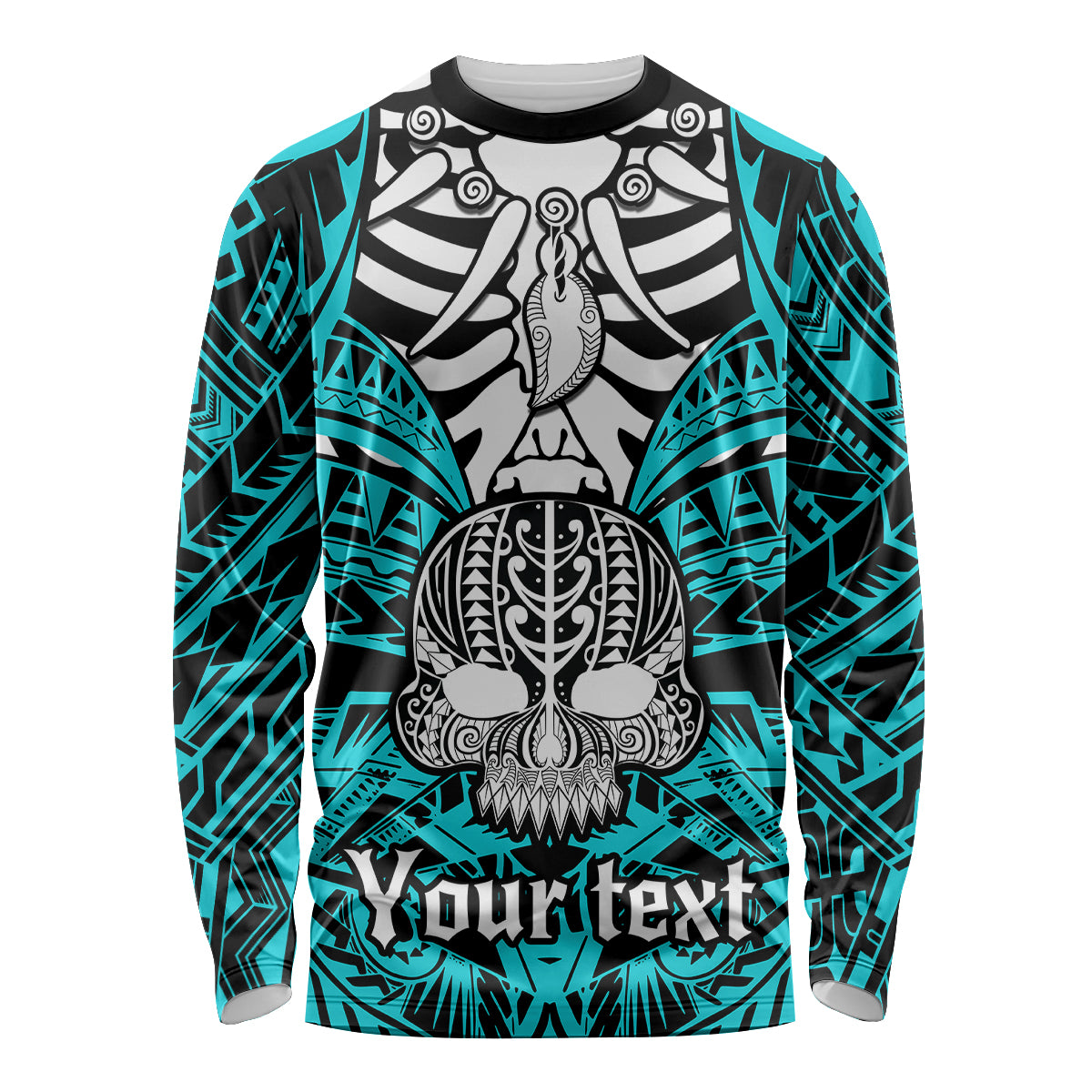 Aqua long-sleeve shirt with black and white skull graphic and tribal sleeve pattern