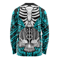 Aqua long-sleeve shirt with back skeleton skull graphic and tribal geometric sleeves