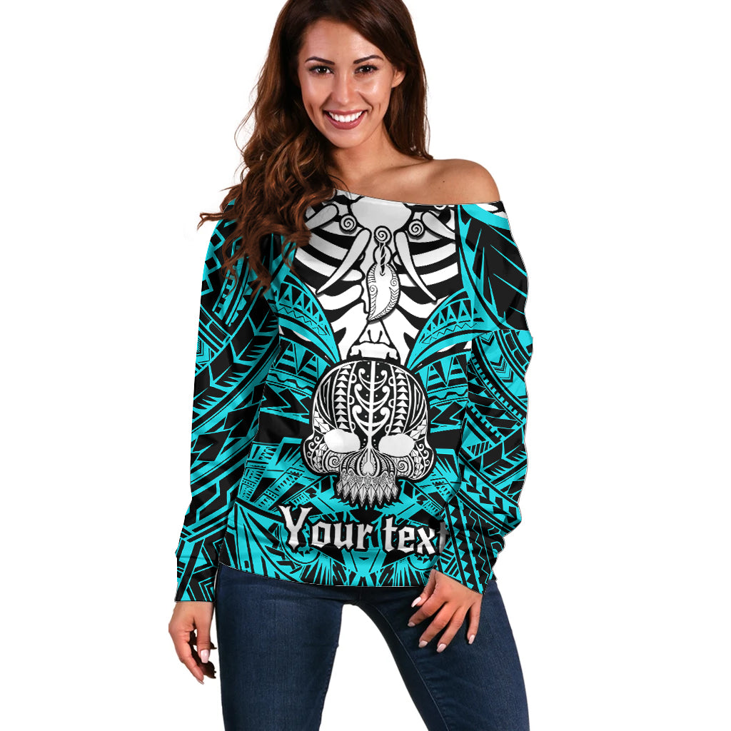 Personalised Polynesia Skull Off Shoulder Sweater With Boars Tusk Aqua Arty Vibe - Wonder Print Shop