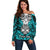 Personalised Polynesia Skull Off Shoulder Sweater With Boars Tusk Aqua Arty Vibe - Wonder Print Shop