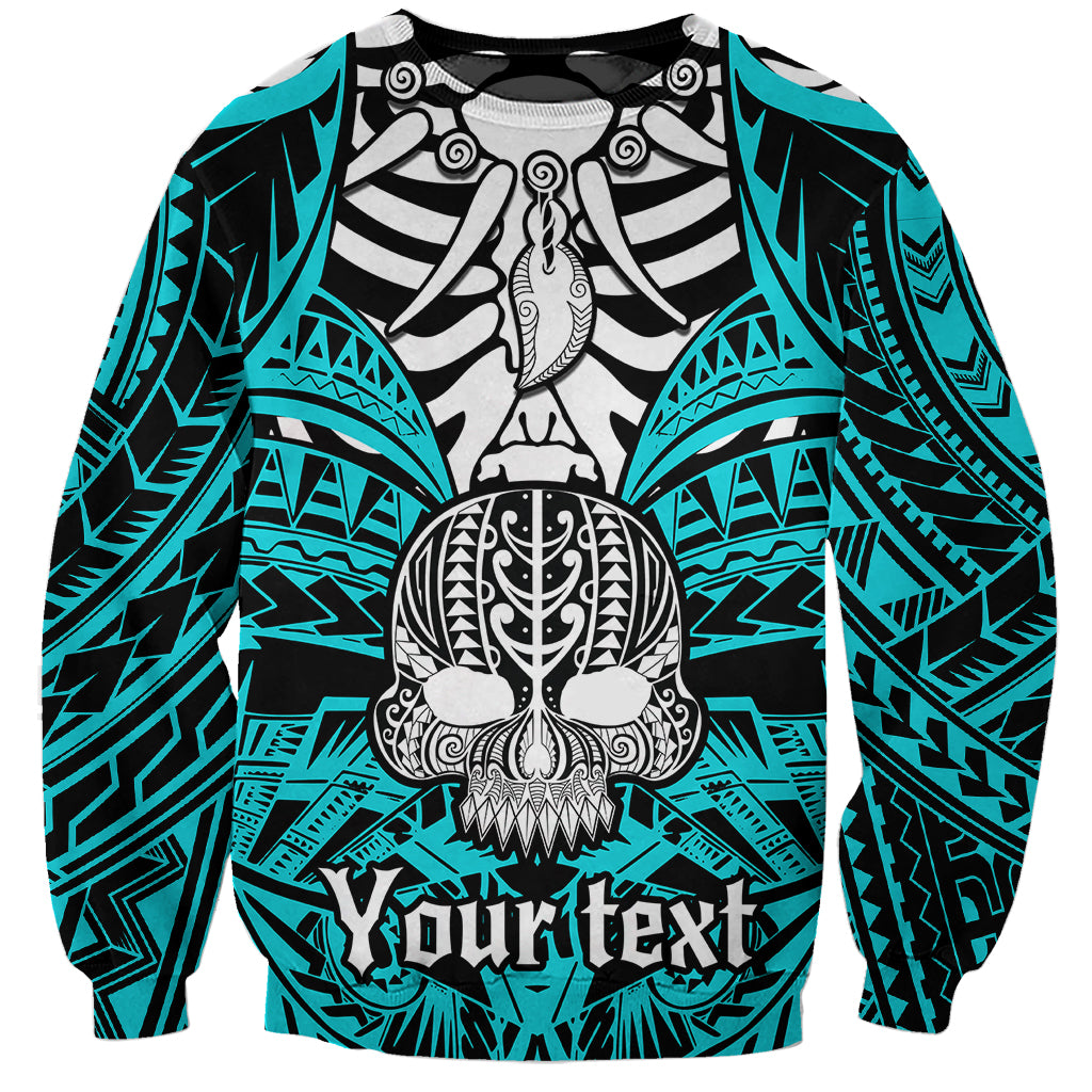 Unisex aqua sweatshirt with black-and-white boar tusk skull graphic, personalized text area