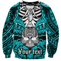 Unisex aqua sweatshirt with black-and-white boar tusk skull graphic, personalized text area
