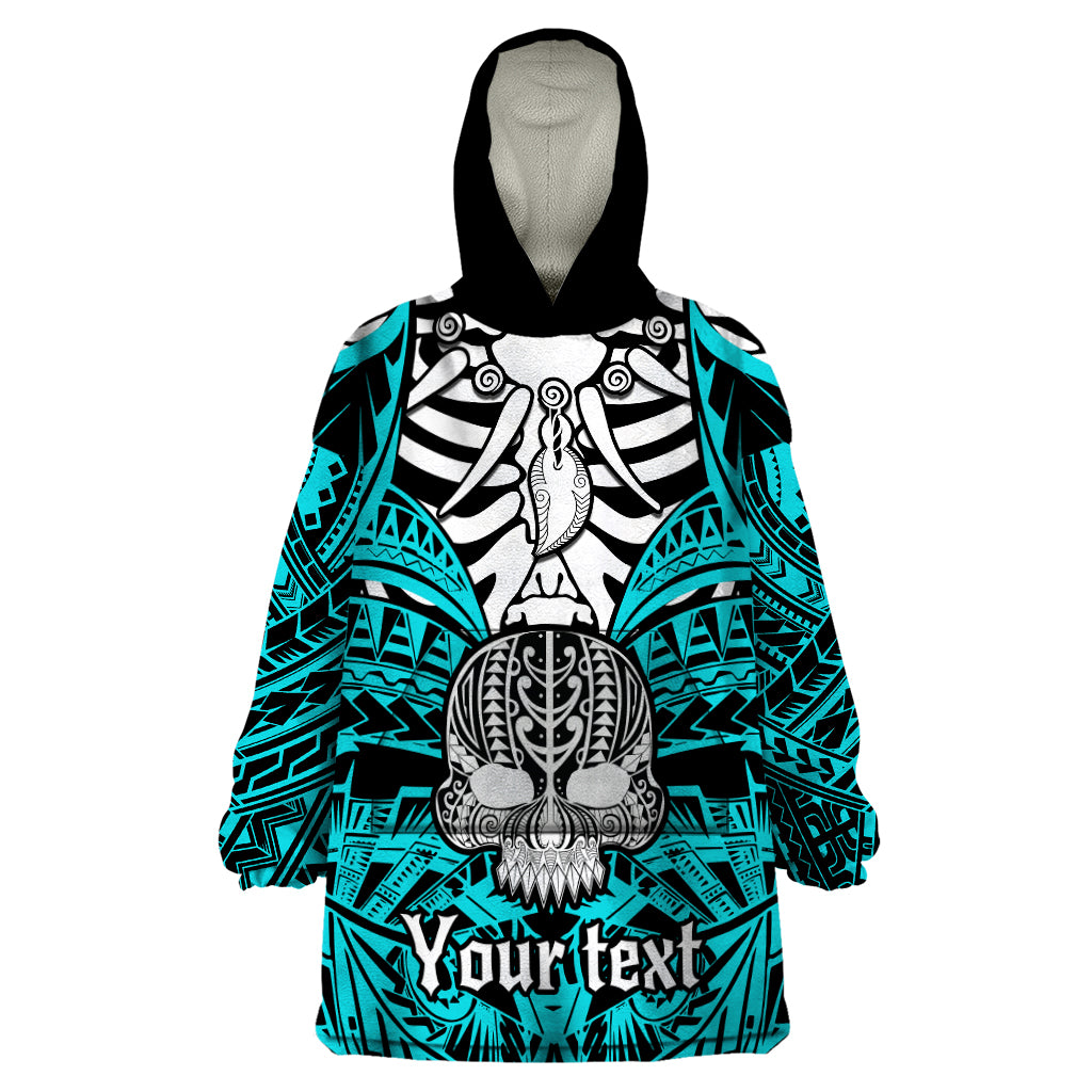 Personalised Polynesia Skull Wearable Blanket Hoodie With Boars Tusk Aqua Arty Vibe - Wonder Print Shop