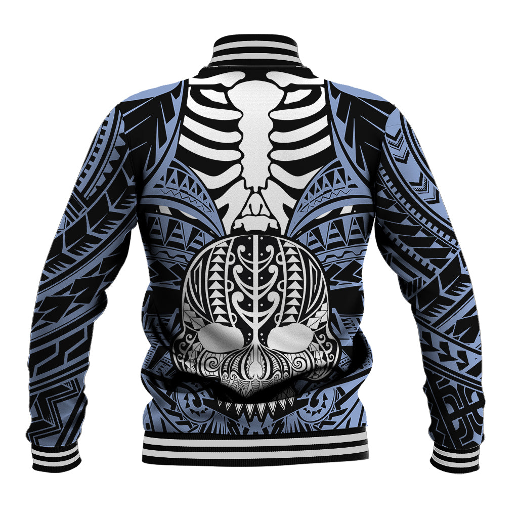 Back view blue varsity jacket with black-and-white tribal skull, bone ribbed collar and cuffs