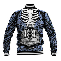 Back view blue varsity jacket with black-and-white tribal skull, bone ribbed collar and cuffs