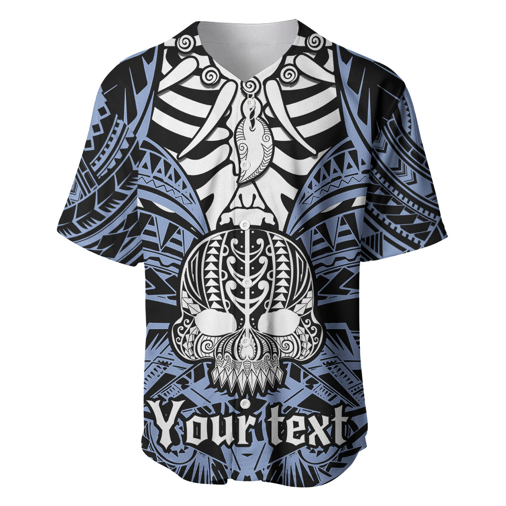 Personalised Polynesia Skull Baseball Jersey With Boars Tusk Blue Arty Vibe LT9 - Wonder Print Shop