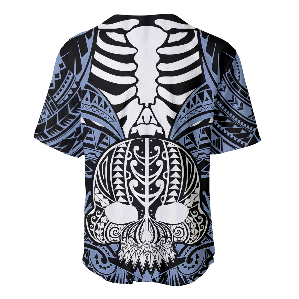 Blue baseball jersey with back skull graphic and tribal geometric patterns, crew collar